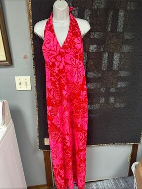 Hot Pink & Red Floral Halter Maxi Dress